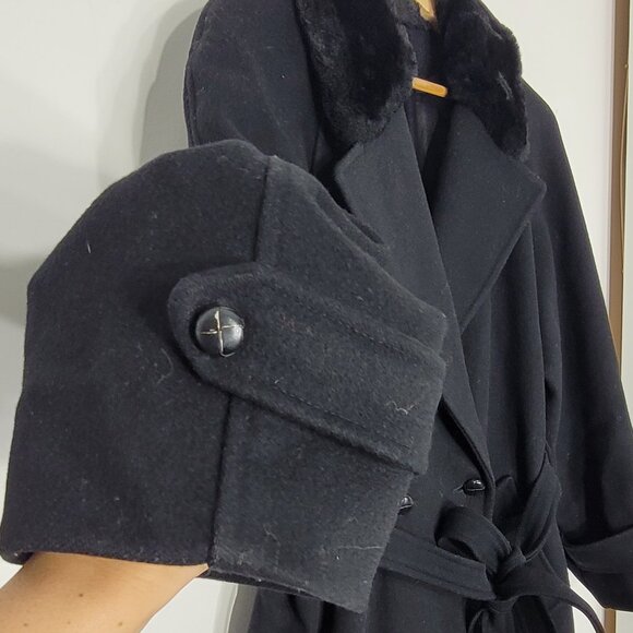 Heritage House Vintage Black Pure Virgin Wool Faux Fur Belted Double-Breasted - Picture 4 of 13